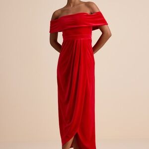 Lulus I'm Enchanted Red Velvet Off-the-shoulder Maxi Dress - Size M